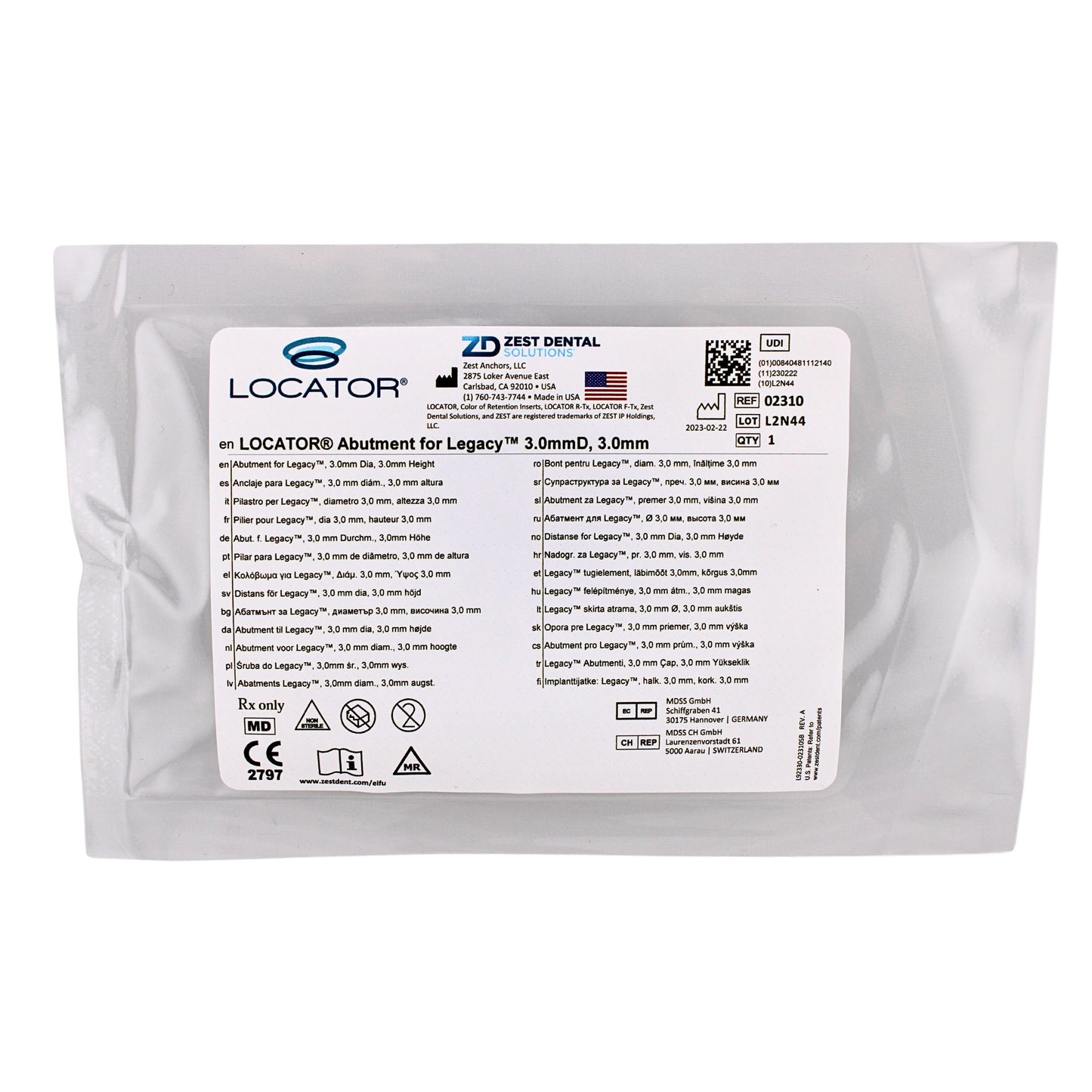 Dental Locator, Abutment Legacy 3.0mm Dia, 3.0 mm, Ref# 02310, By Zest Dental Solutions