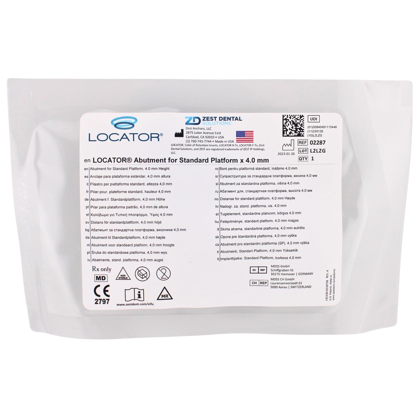 Dental Locator Abutment for Paltop Advanced Internal Implants, Standard Platform, 4.0mm Cuff Height, Ref#02287, By Zest Dental Solutions