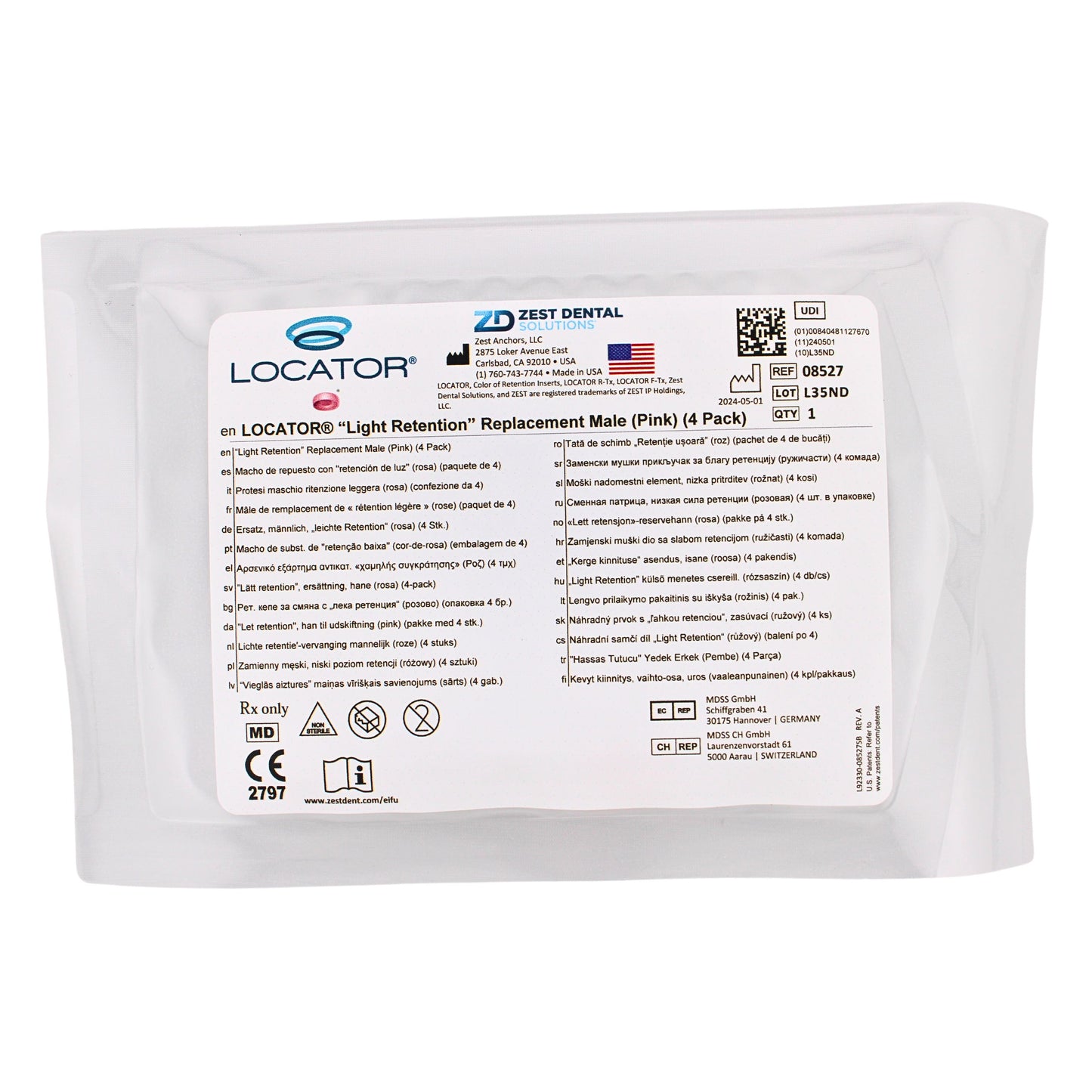 Dental Locator, Light Retention Replacement Male Pink, 4 Pack, Ref# 08527, By Zest Dental Solutions