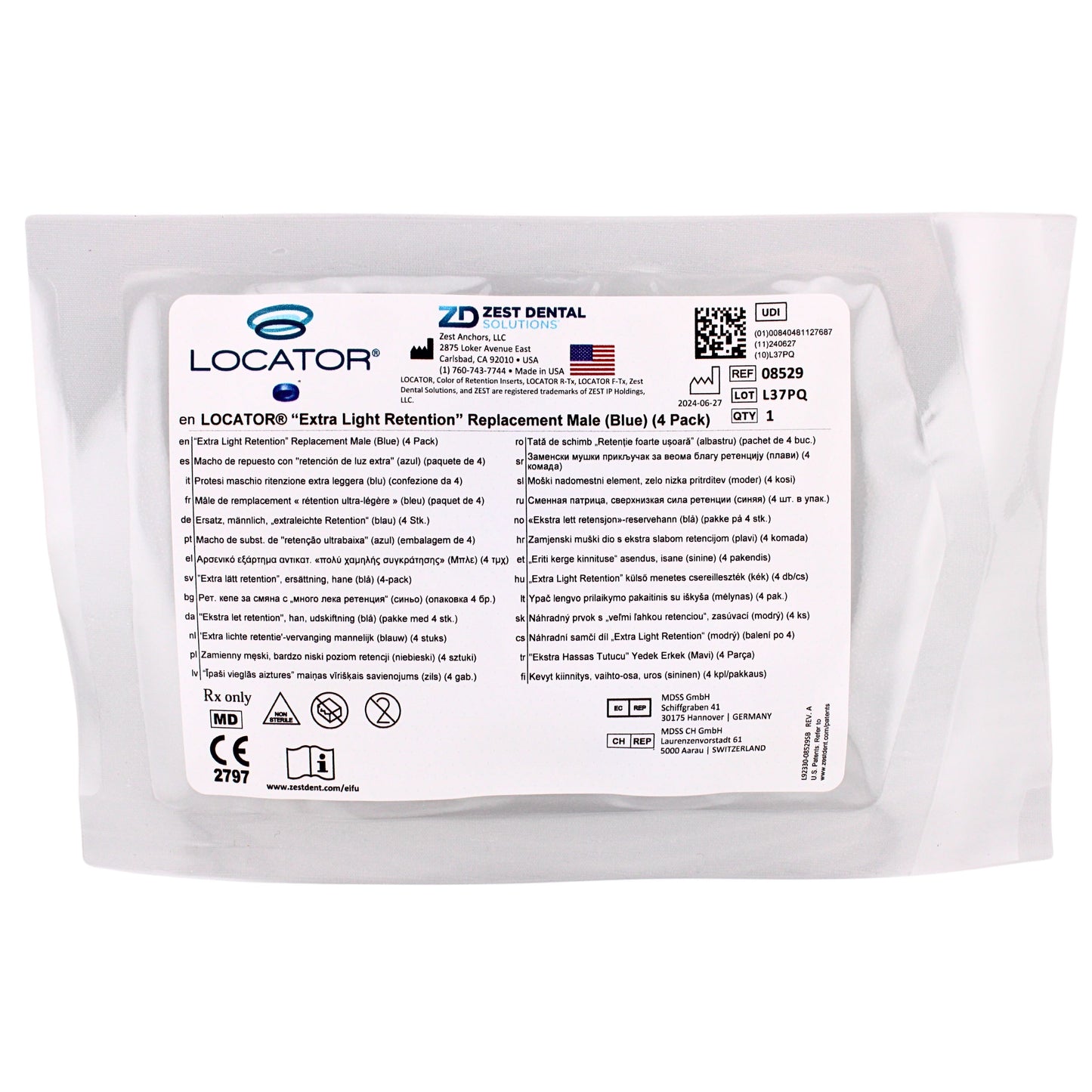 Dental Locator Extra Light Retention Replacement Male Blue 4 Pack, Ref# 08529, By Zest Dental Solutions