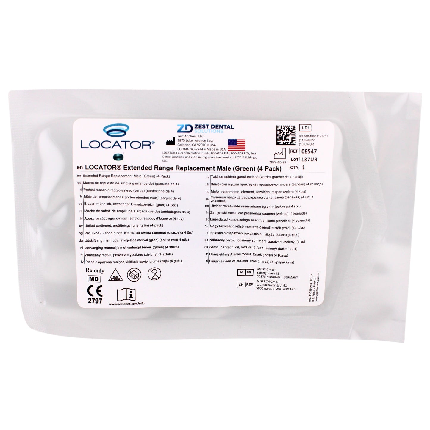 Dental Locator Extended Range Regular Retention Replacement Male, Green 4 Pack, Ref#08547, By Zest Dental Solutions