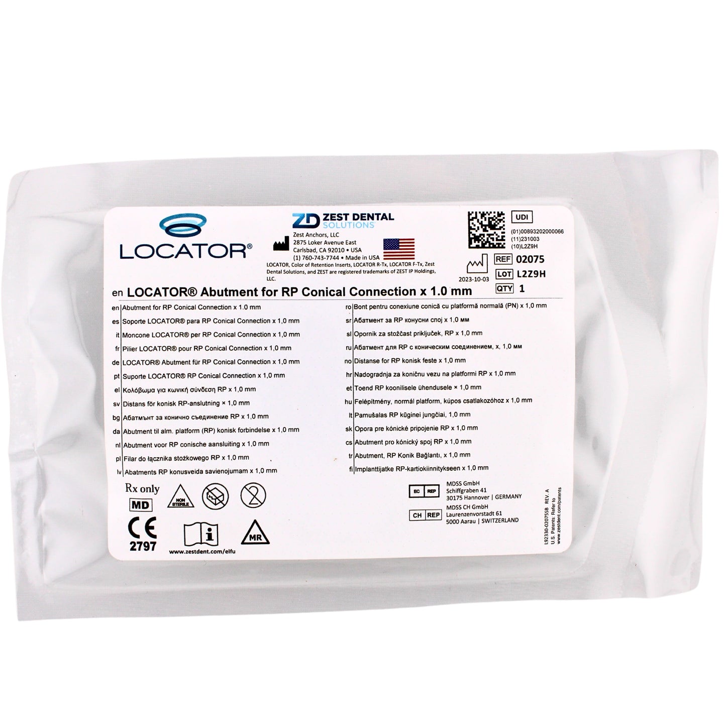 Dental Nobel Biocare Parallel Conical Abutment, Ref#02075, By Zest Dental Solutions