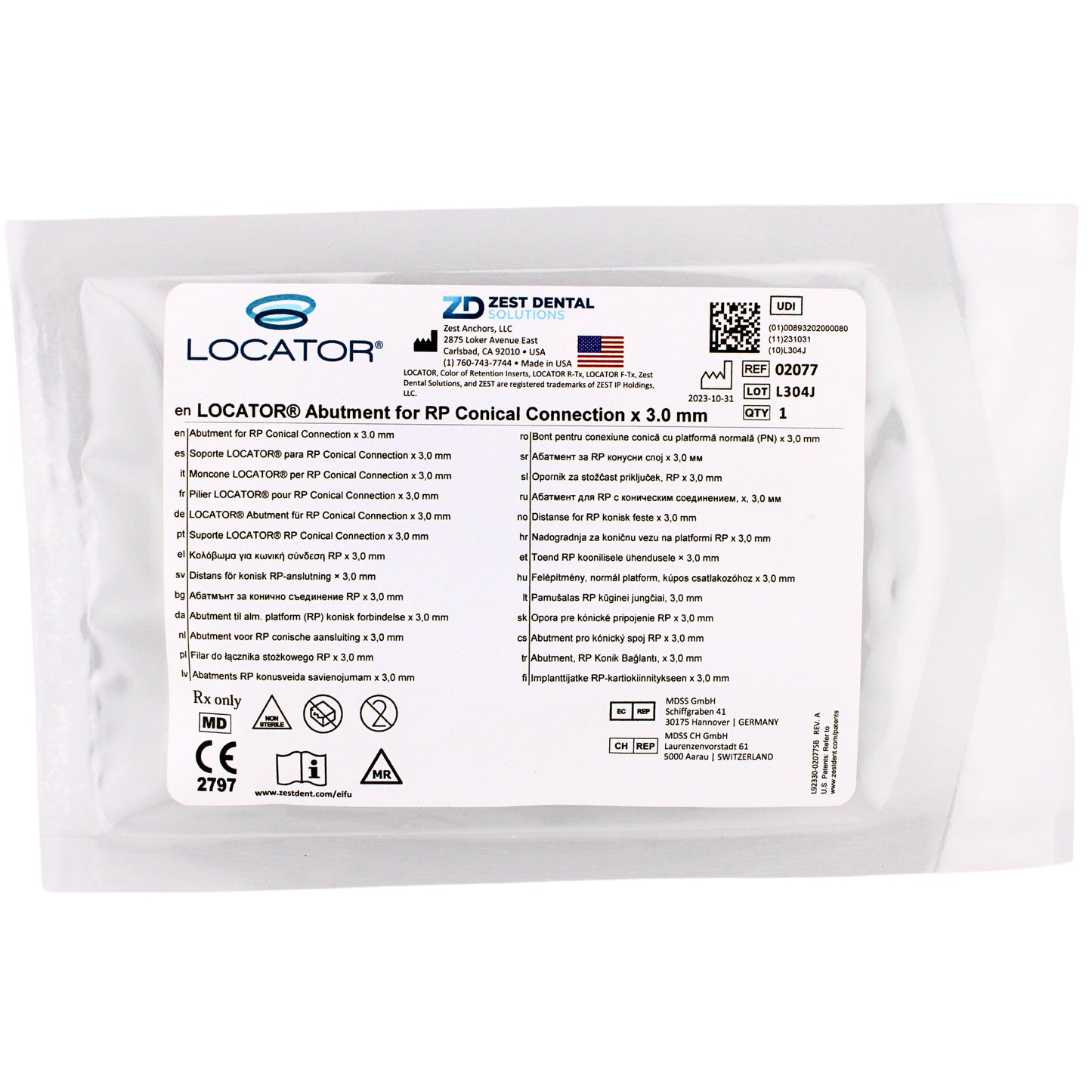 Dental Locator Nobel Biocare Parallel Conical Abutment Ref#02077, By Zest Dental Solutions