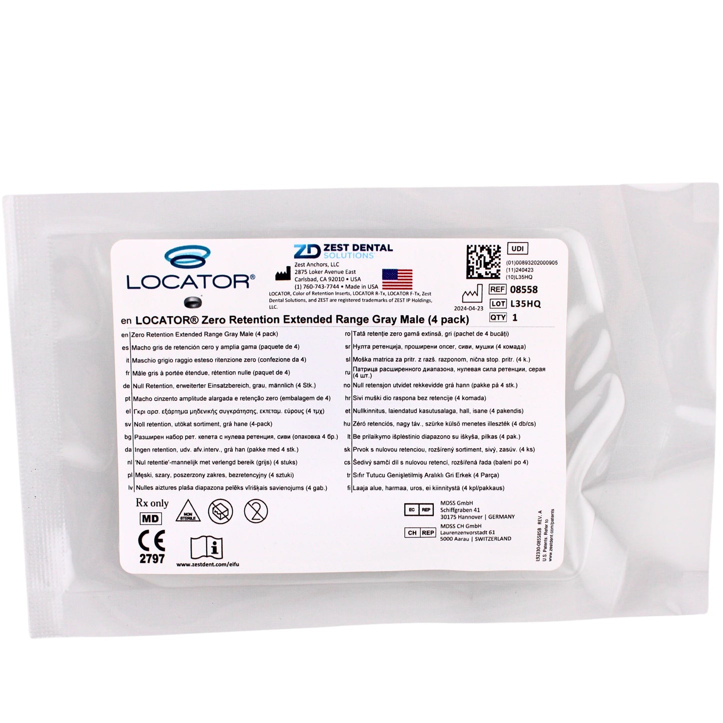 Dental Locator Extended Range, Zero Retention Male Gray 4 Pack, Ref#08558, By Zest Dental Solutions