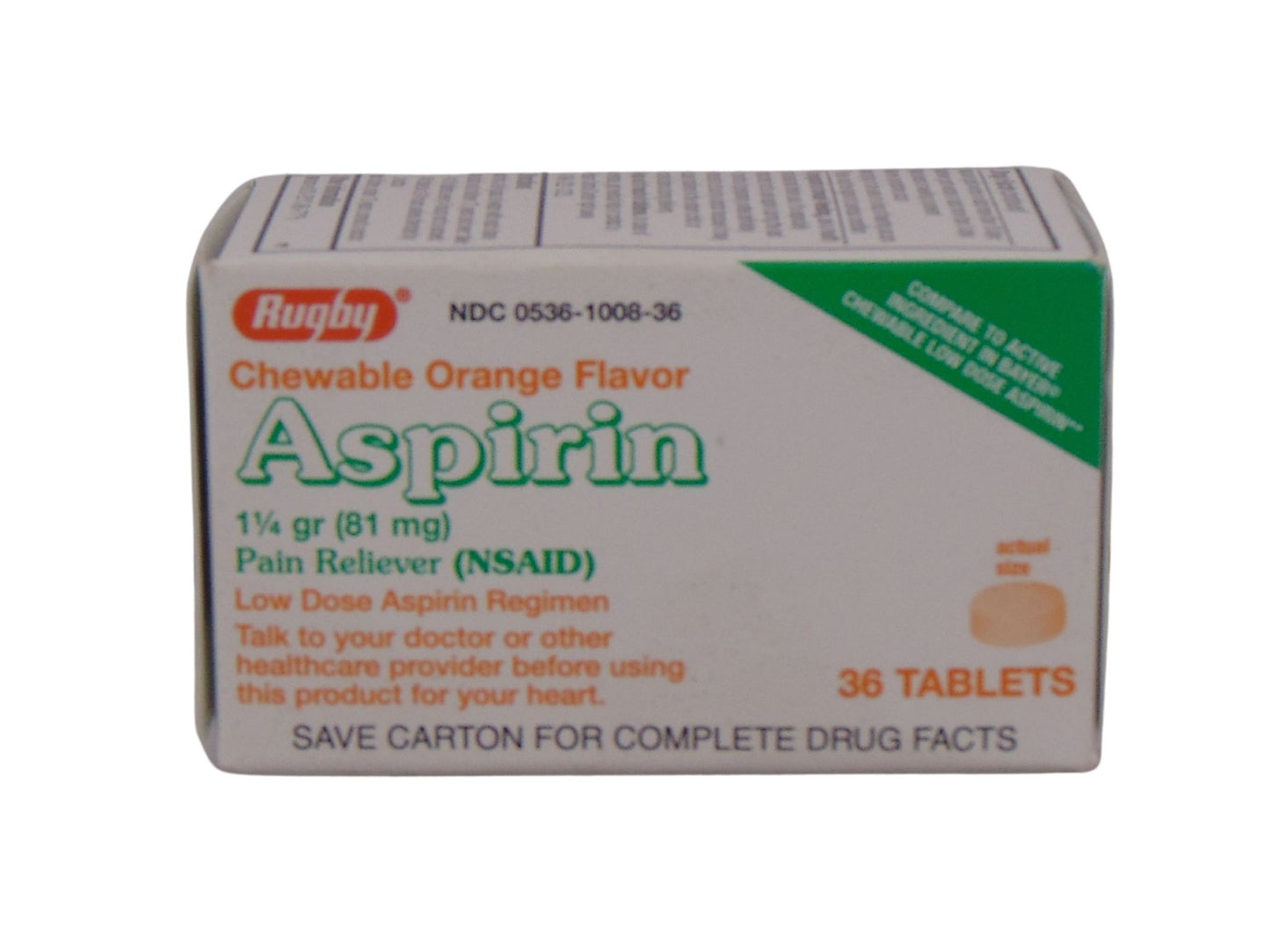 Low Dose Aspirin 81mg, Chewable Orange Flavor 36 Tablets, 1 Bottle Each, By Rugby
