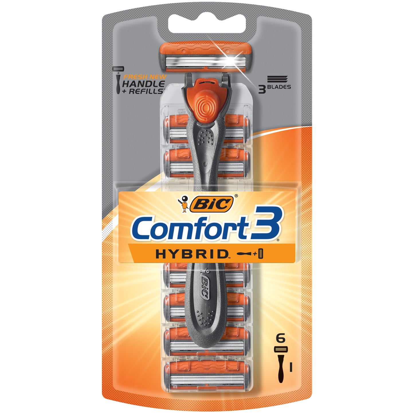 Bic Sh3kp6c Hybrid 3 Comfort Disposable Men's Razor, 3 Blades, Silver/Orange