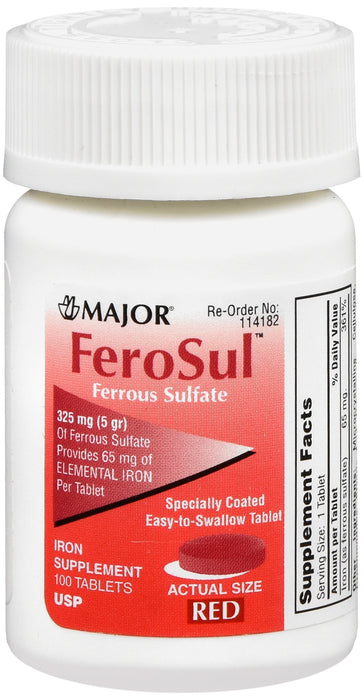 Ferosul 325mg (5gr) Ferrous Sulfate Coated Easy-to-swallow 100 Ct. Tablets (red)