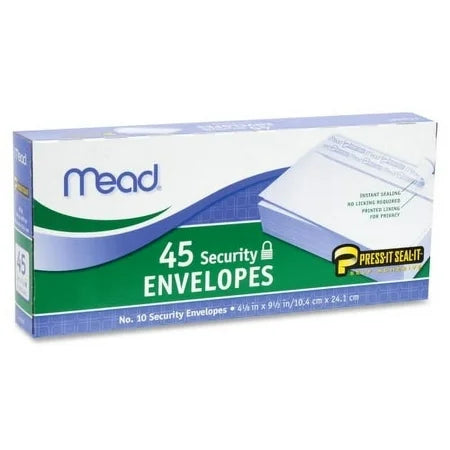 Mead Press-it-Seal Security Envelopes #10 1/8 x 9 1/2 White 45 Count 1 Box Each, By Mead
