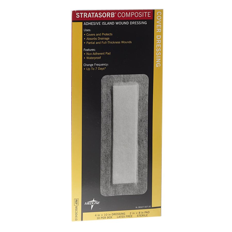 Stratasorb Composite Adhesive Island Wound Dressings, 4" X 10", 1 Box of 10, By Medline Industries
