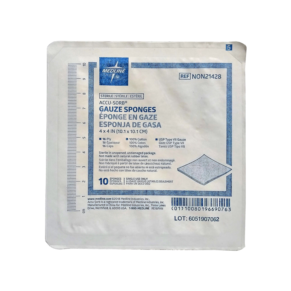 Medline AccuSorb Gauze Sponges, 4" X 4", 10 Count, 1 Pack Each, By Me