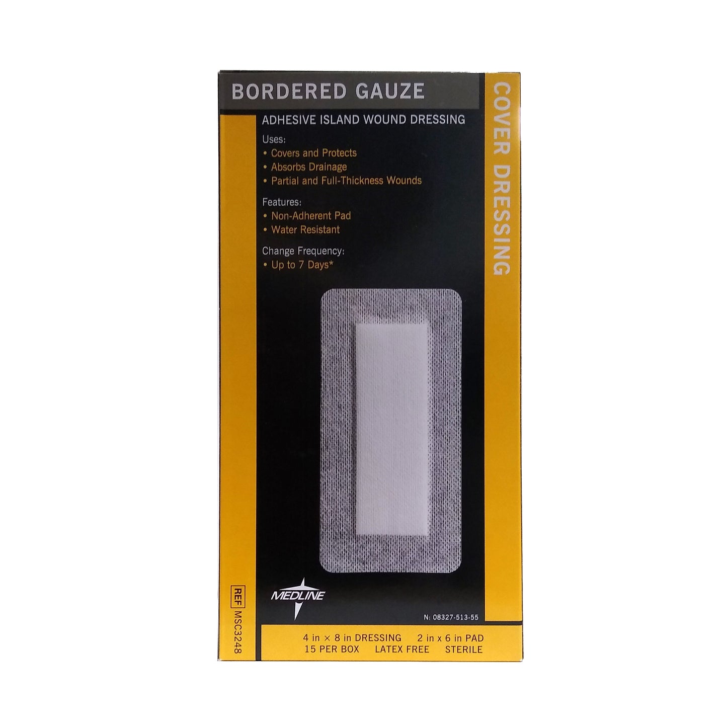 Bordered Gauze Adhesive Island Wound Dressing, 4" x 8" Dressings, 15 Ct., 1 Box Each, MSC3248Z, By Medline