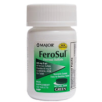 FeroSul Ferrous Sulfate, 325 Mg., 100 Green Tablets, 1 Bottle Each, By Major Pharmaceuticals
