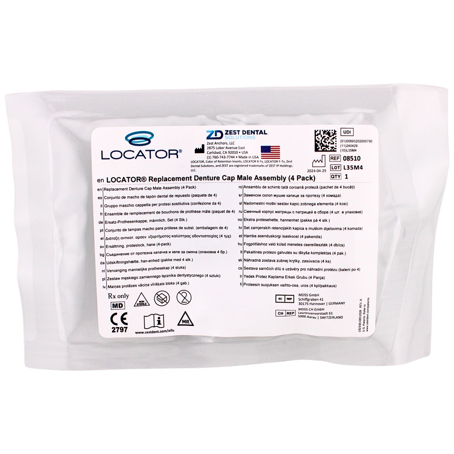 Dental Locator Replacement Denture Cap Male Assembly 4 Pack, Ref#08510, By Zest Dental Solutions