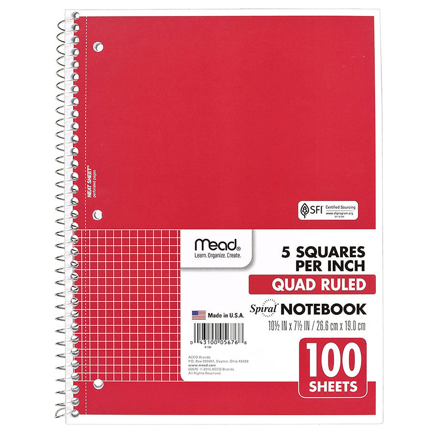 MEAD® SPIRAL® QUAD NOTEBOOK QR - 1 SUB 100CT