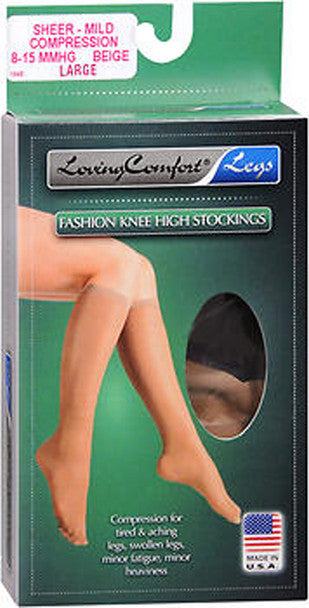 Loving Comfort Fashion Knee High Stockings Sheer, Mild Compression, Beige, Large