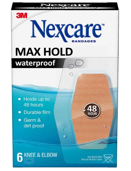 NexCare Max Hold Waterproof Bandages Knee & Elbow, 6Ct, 1 Each, By 3M