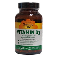 Country Life Vitamin D-3, 1 Bottle, 200 Softgels, 62.5mcg(2500 I.U.), By Country Life LLC