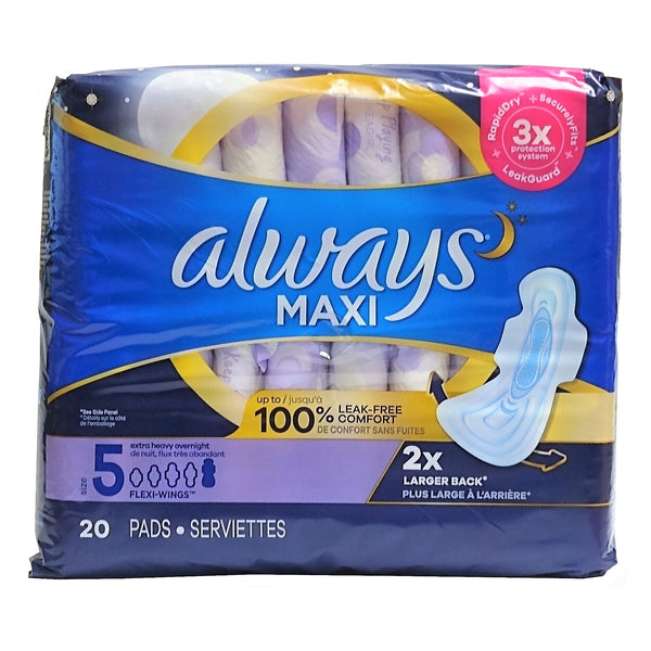 Always Maxi, Size 5, Extra Heavy Overnight Pads with Wings, 27 Ct