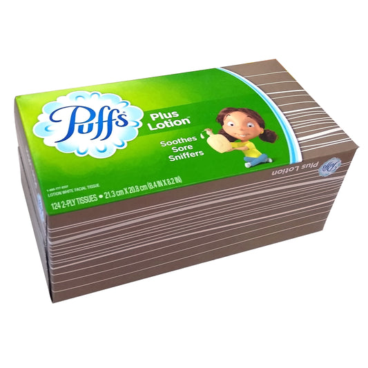 Puffs Plus Lotion Soothes Sore Sniffers 124 2-Ply Tissues, Case Of 24 Tissue Boxes, By P&G