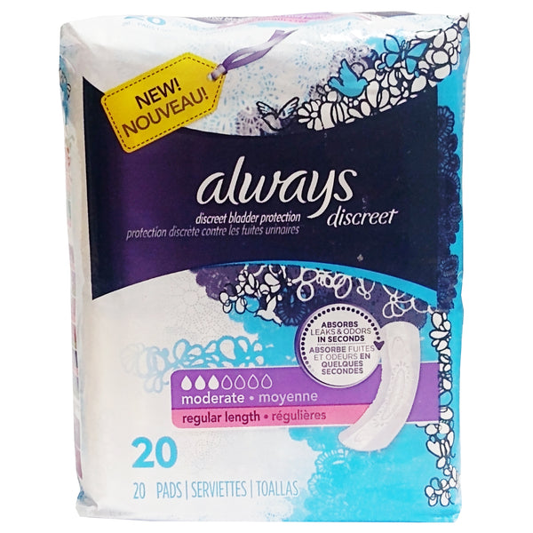Always Discreet Bladder Protection Incontinence Pads for Women, Regular Length, Moderate Absorbency, 20 Count, 1 Pack Each, By P&G