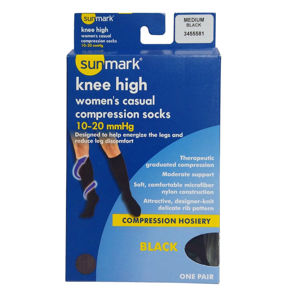 Sunmark Knee High Women's Compression Black Socks, 10-20 mmHg, 1 Pair Each, By Sunmark