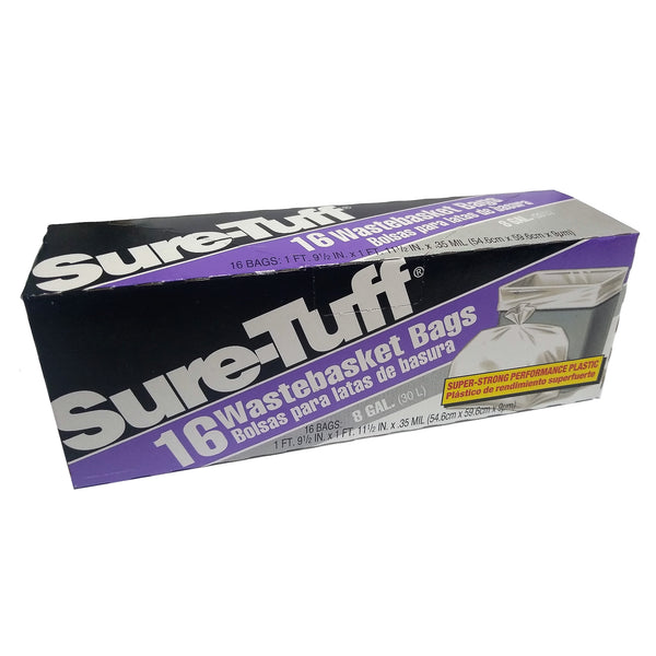 Sure-Tuff Wastebasket Bags, 1 Box, 16 Bags, 8 GL, 1 ft. 9 1/2 in. x 1 ft. 11 1/2 in. x .35 MIL, By AEP Industries Inc.