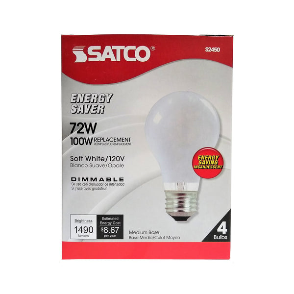 Satco 72W Energy Saver Soft White Light Bulbs, 4 Count, 1 Pack Each, By Satco Products, Inc.