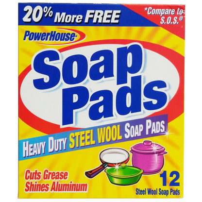 PowerHouse Heavy Duty Steel Wool Soap Pads, 1 Box, 12 Each, By Delta Brands