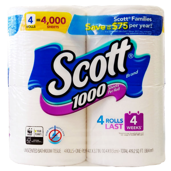 Scott 1000 Sheets Per Roll Unscented Bathroom Tissue, 1 Pack of 4 Rolls, By Kimberly Clark