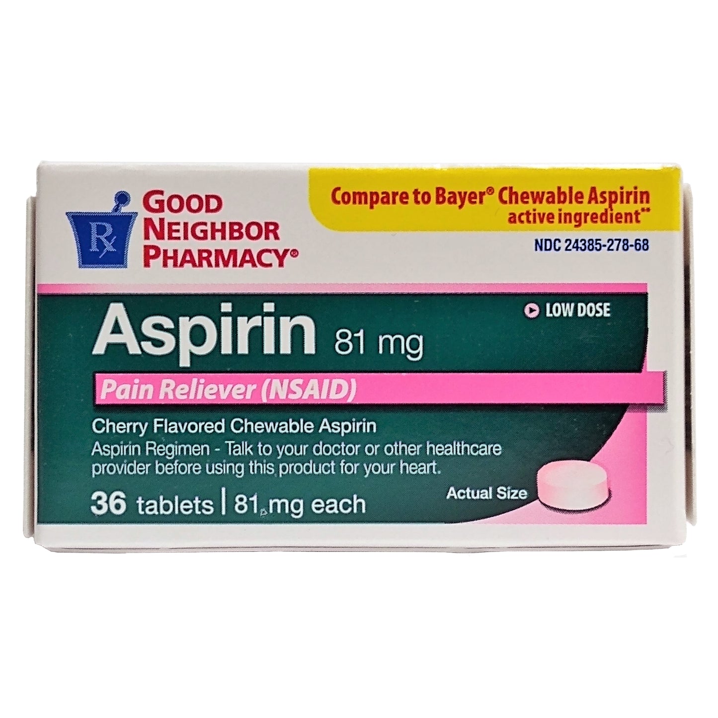 Good Neighbor Pharmacy Aspirin, 81 Mg., 36 Tablets, Cherry Flavored, 1 Box Each, By Perrigo