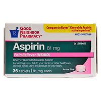 Good Neighbor Pharmacy Aspirin, 81 Mg., 36 Tablets, Cherry Flavored, 1 Box Each, By Perrigo