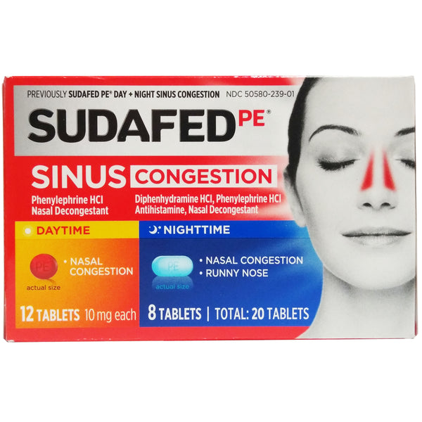 Sudafed PE Sinus Congestion Daytime & Nighttime 20 Tablets, 1 Pack Each, By Johnson & Johnson