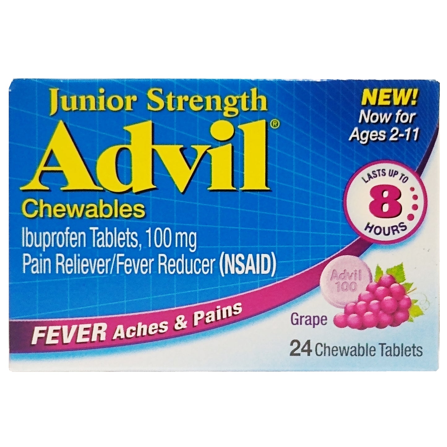 Advil Junior Ibuprofen Chewable Tablets 100 mg,, 24 Count, 1 Box, By Pfizer Consumer Healthcare