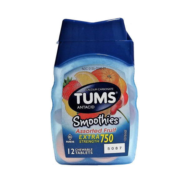 Tums Calcium Carbonate Antacid Extra Strength Smoothies, Assorted Fruit, 1 Bottle Of 12 Tablets