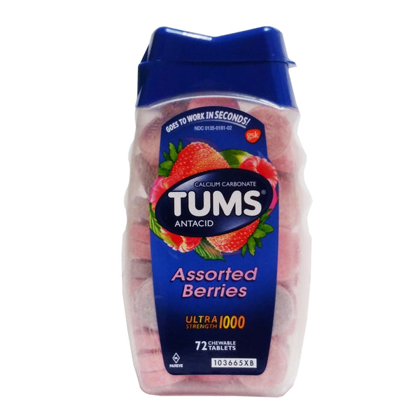 Tums Calcium Carbonate Antacid, Assorted Berries 72 Chewable Tablets, 1 Bottle Each, By GlaxoSmithKline