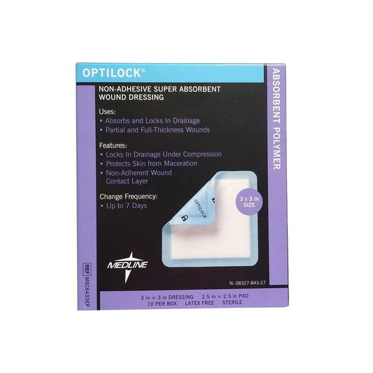 OptiLock Nonadhesive Super Absorbent Wound Dressings, 3" x 3", 1 Box of 10, MSC6433EPZ,  By Medline