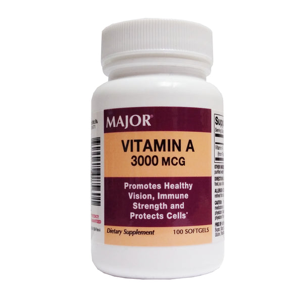 Vitamin A, 3000 MCG, Dietary Supplement, 100 Softgels, 1 Bottle Each, By Major Pharmaceuticals