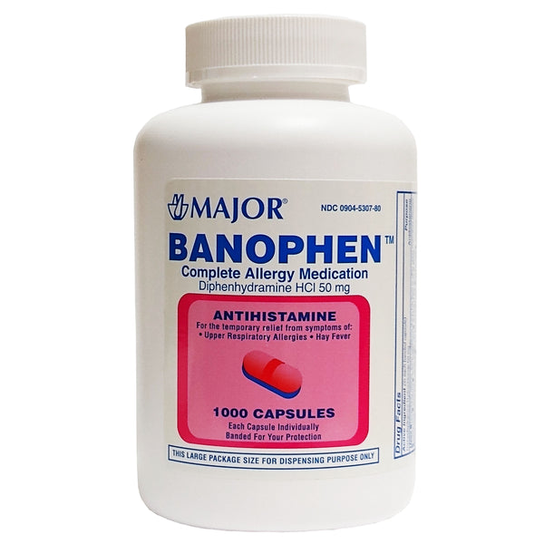 Major Banophen Allergy Diphenhydramine HCI 50 mg 1000 Capsules, 1 Bottle Each, By Major Pharmaceuticals