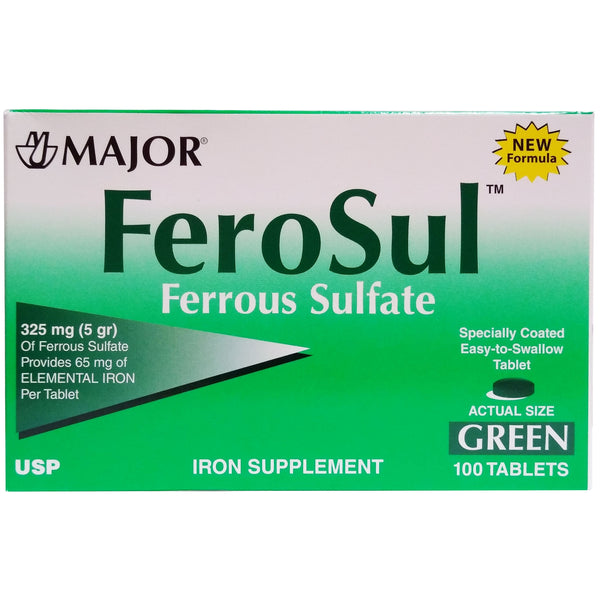 Major Ferosul Ferrous Sulfate Tablets 325 mg, 100 Green Tablets, 1 Box Each, By Major Pharmaceuticals