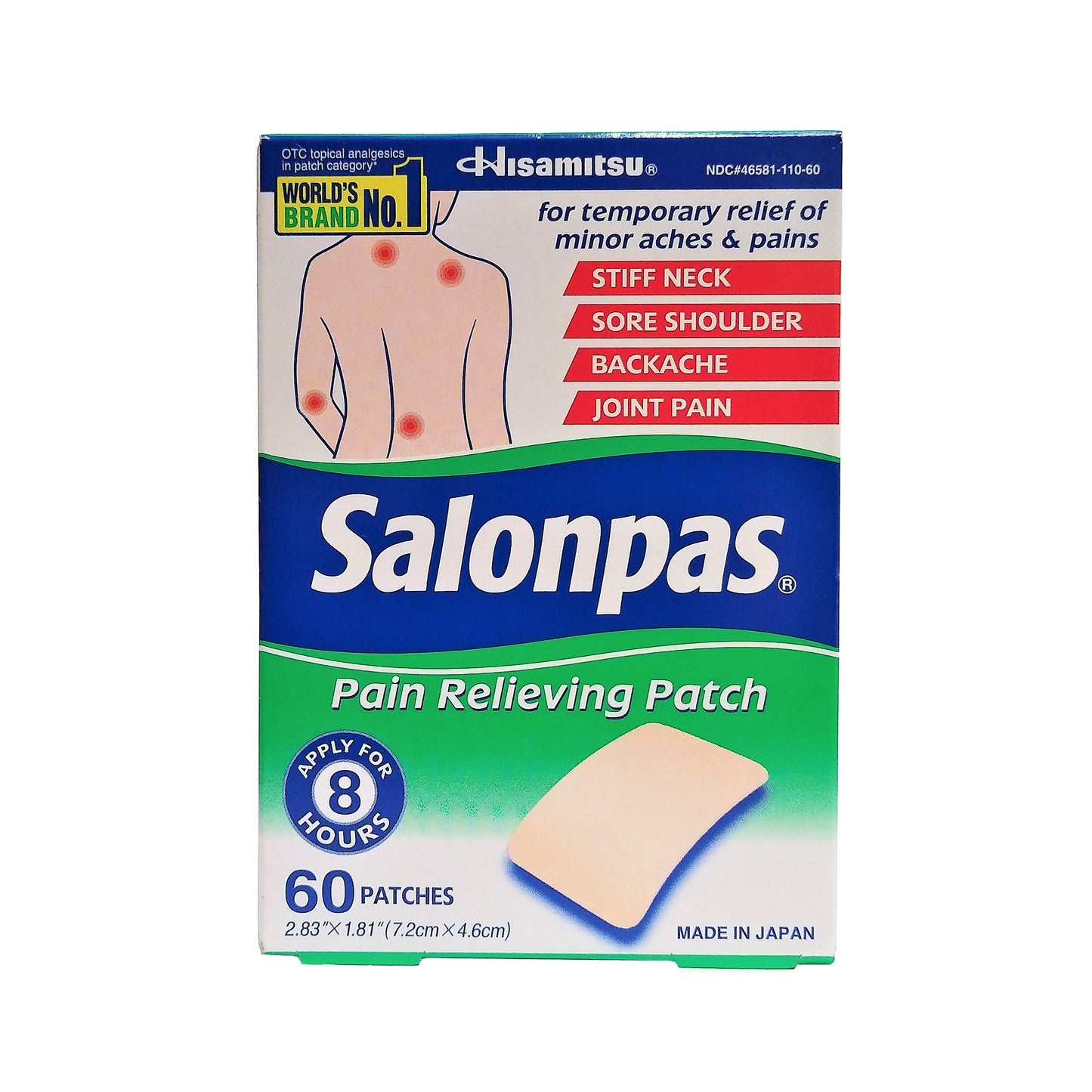 Salonpas Pain Relieving Patch, 2.83"X 1.81",  60 Count, 1 Pack Each, By Hisamitsu Pharmaceutical Co., Inc.