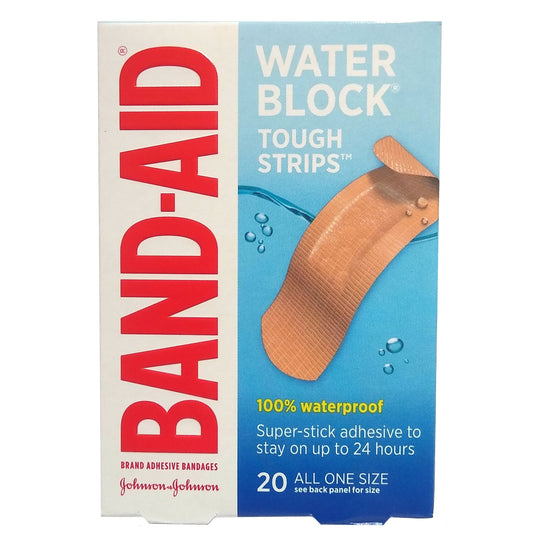 Band-Aid Water Block Tough-Strips, 20 Waterproof All One Size 1" x 3-1/4" Bandages, 1 Box Each, By Johnson & Johnson