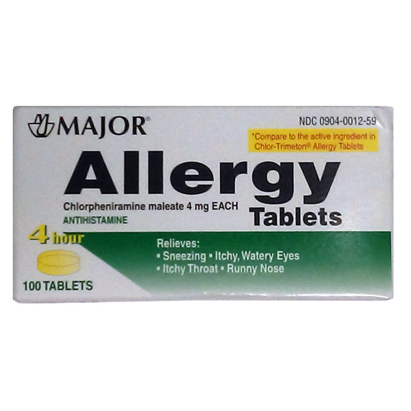 Allergy Tablets Chlorpheniramine Maleate 4mg 100 Tablets, 1 Pack Each, By Major Pharmaceuticals