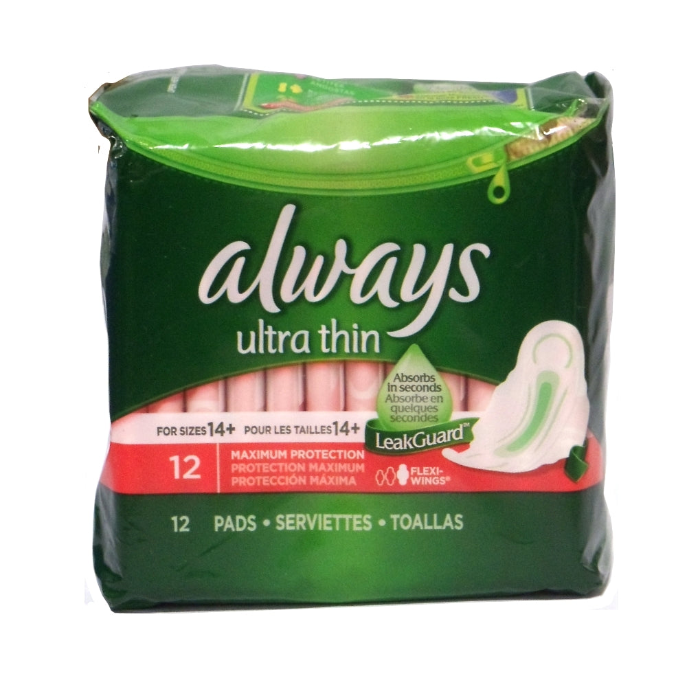 Always Ultra-Thin Maximum Protection Pads, 12 Ct., 1 Pack Each, By P&G